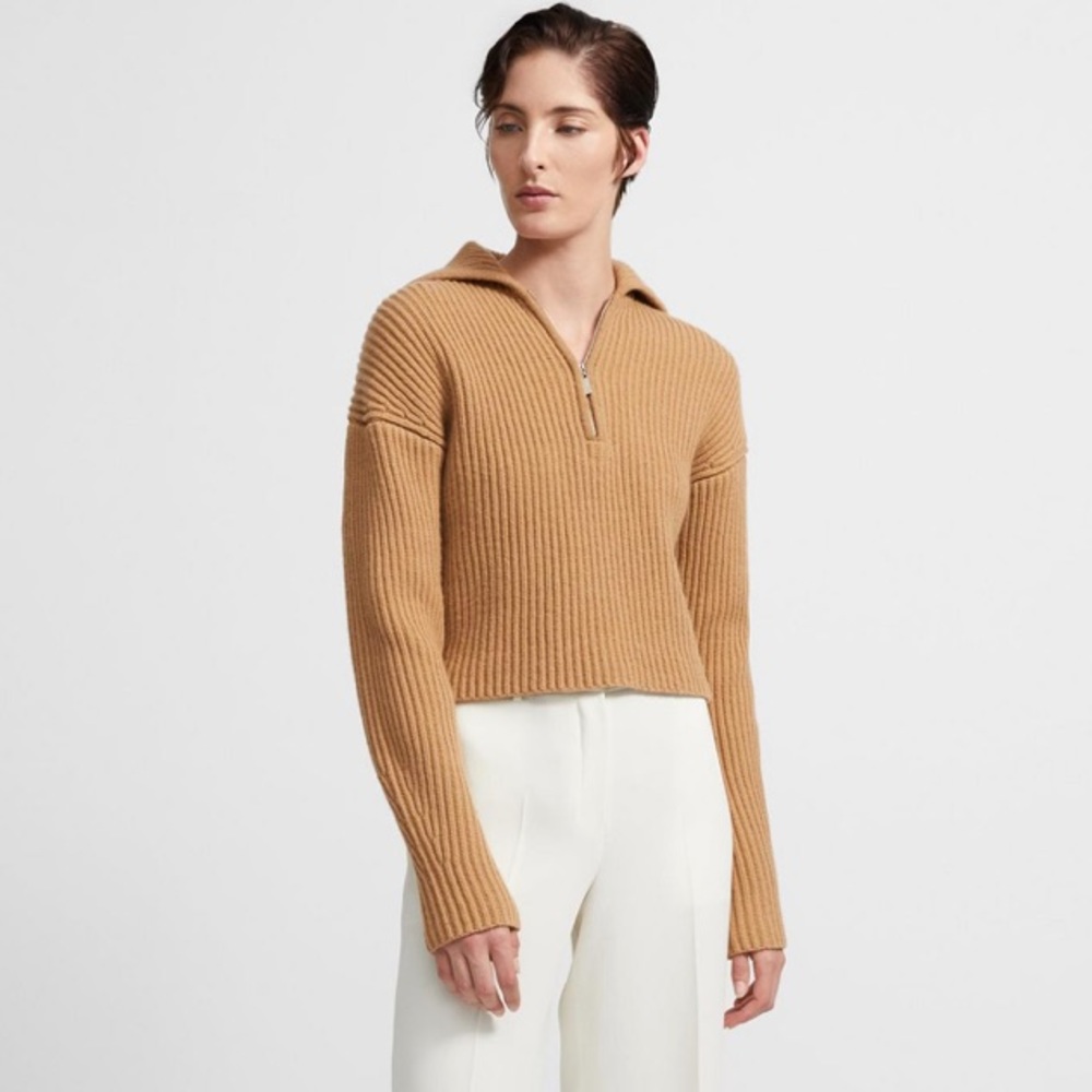 THEORY Merino Wool Ribbed Half-Zip Sweater in Tan (P / XS)